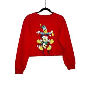 Disney Mickey & Friends Red Cropped Sweatshirt Christmas Mickey Donald Goofy  L